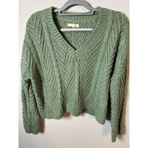 LA Hearts Sage Green Chevron Cable Knit V-Neck Sweater Small